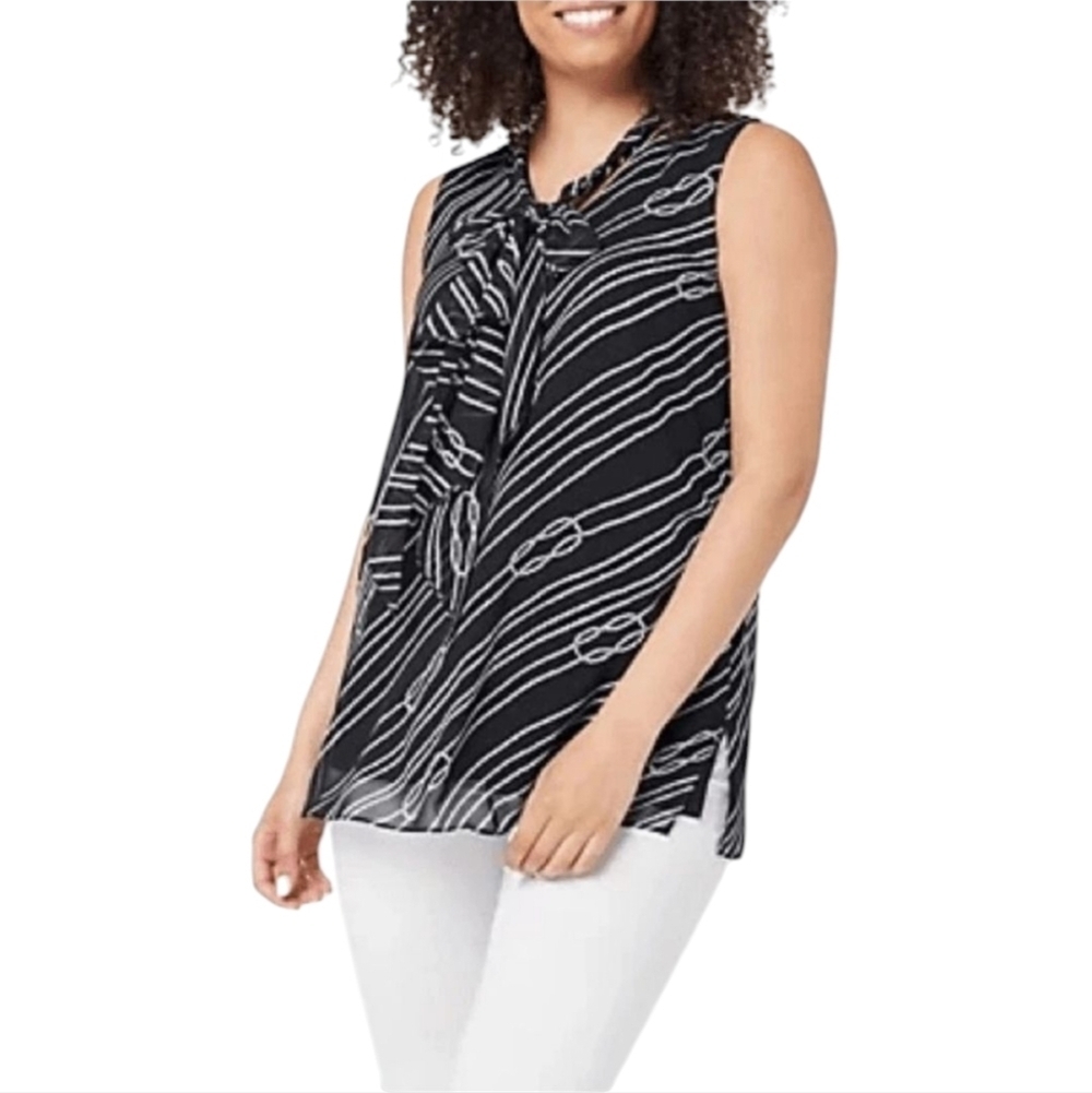 Susan Graver Women's Size Medium Sleeveless Chiffon Tunic Black White Striped M